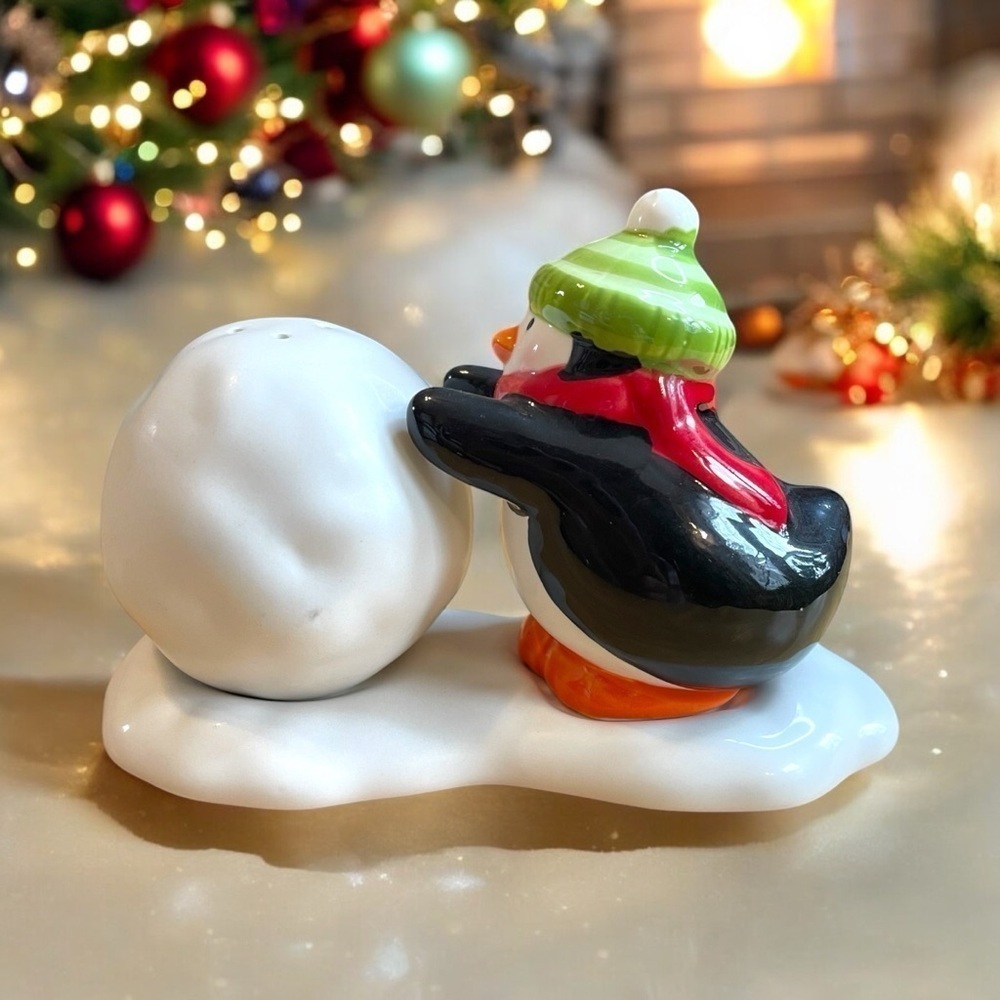 Hallmark 3 piece salt and pepper shakers, penguin rolling a snow ball, adorable